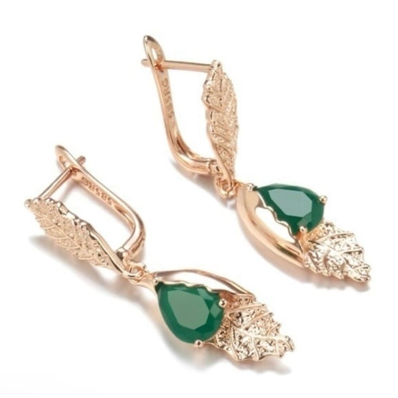 New 858 Rose Gold Plated Vintage Green Leaf Drop Dangle Earrings - Picture 1 of 7
